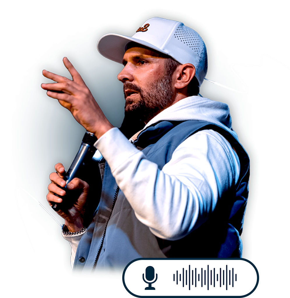 Pace morby with a mic and an audio wave graphic